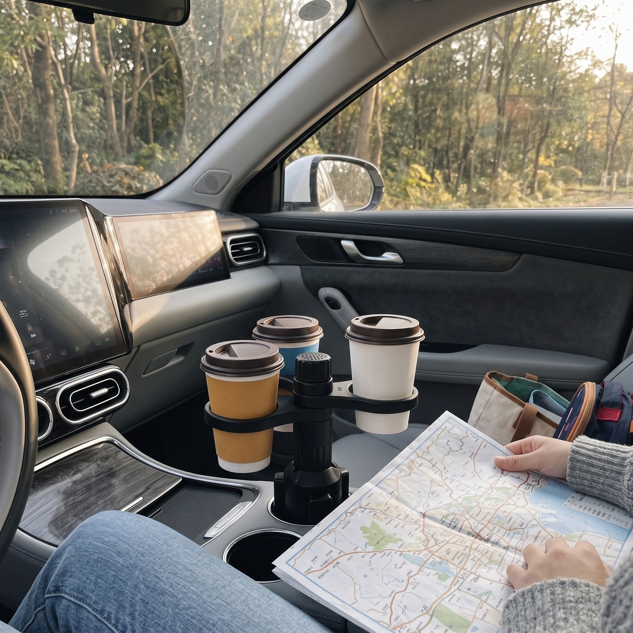 Three drinks and a road map at a parked picnic stop