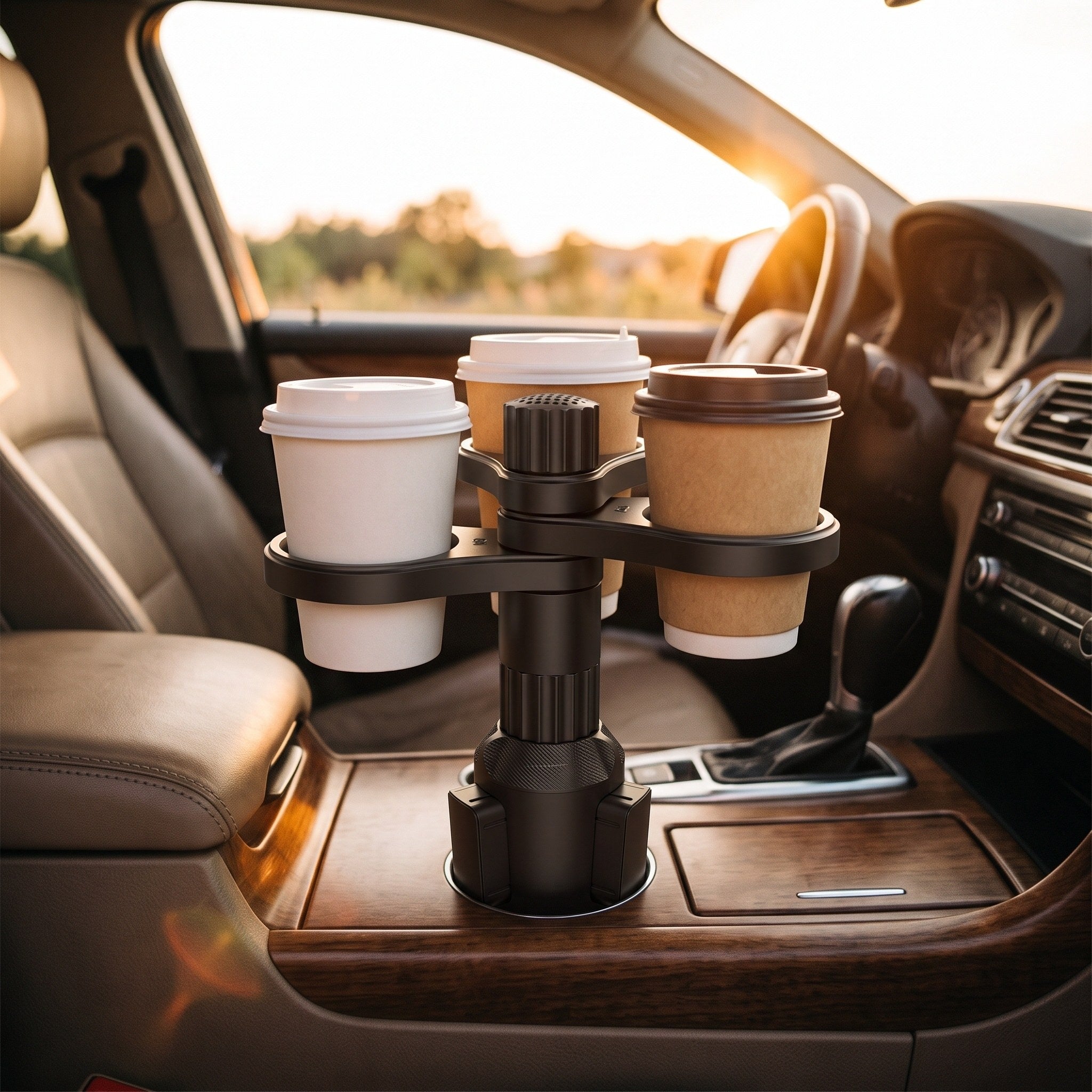 Three cups in a console in warm sunset light