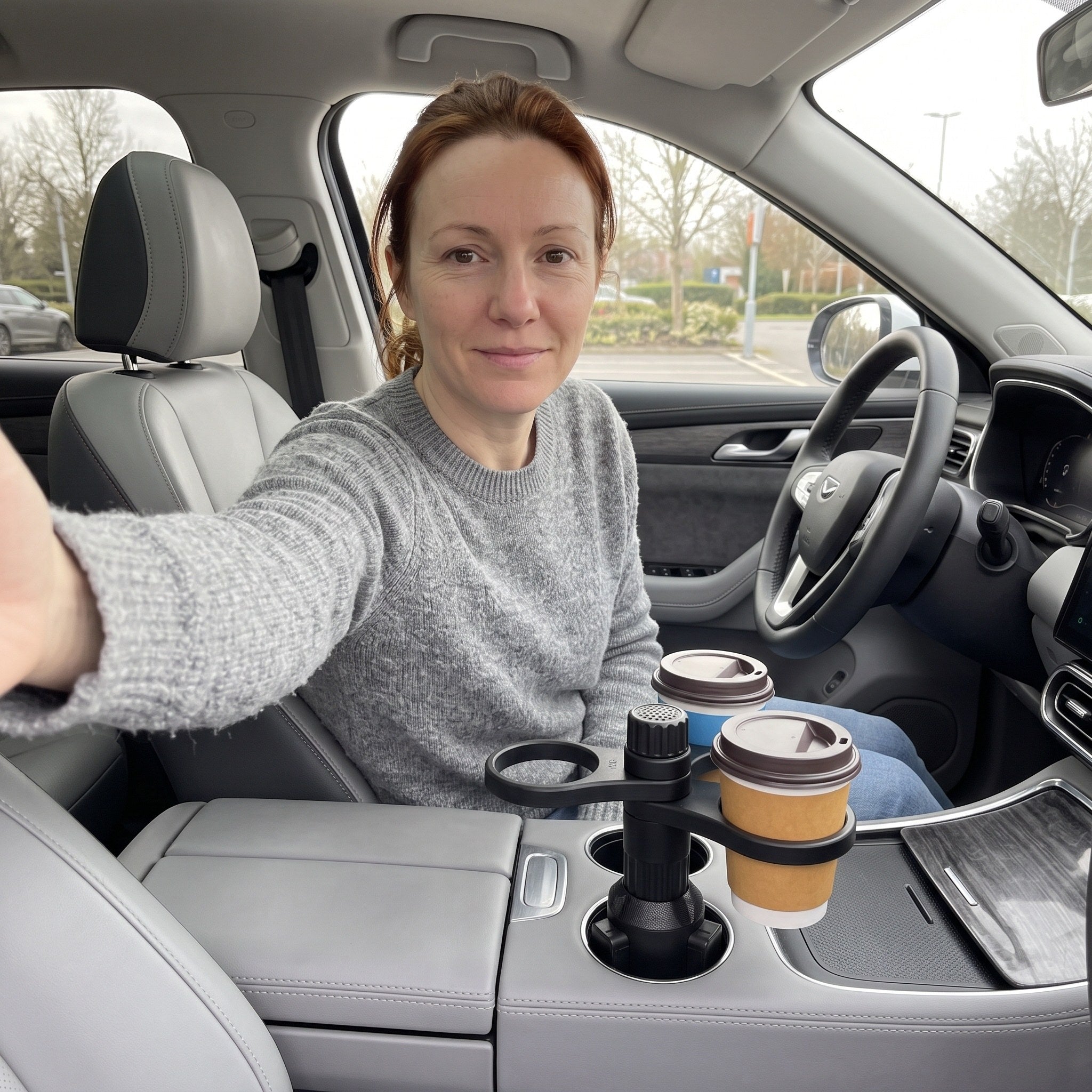 Sophie’s passenger selfie beside two cups in a parked family SUV