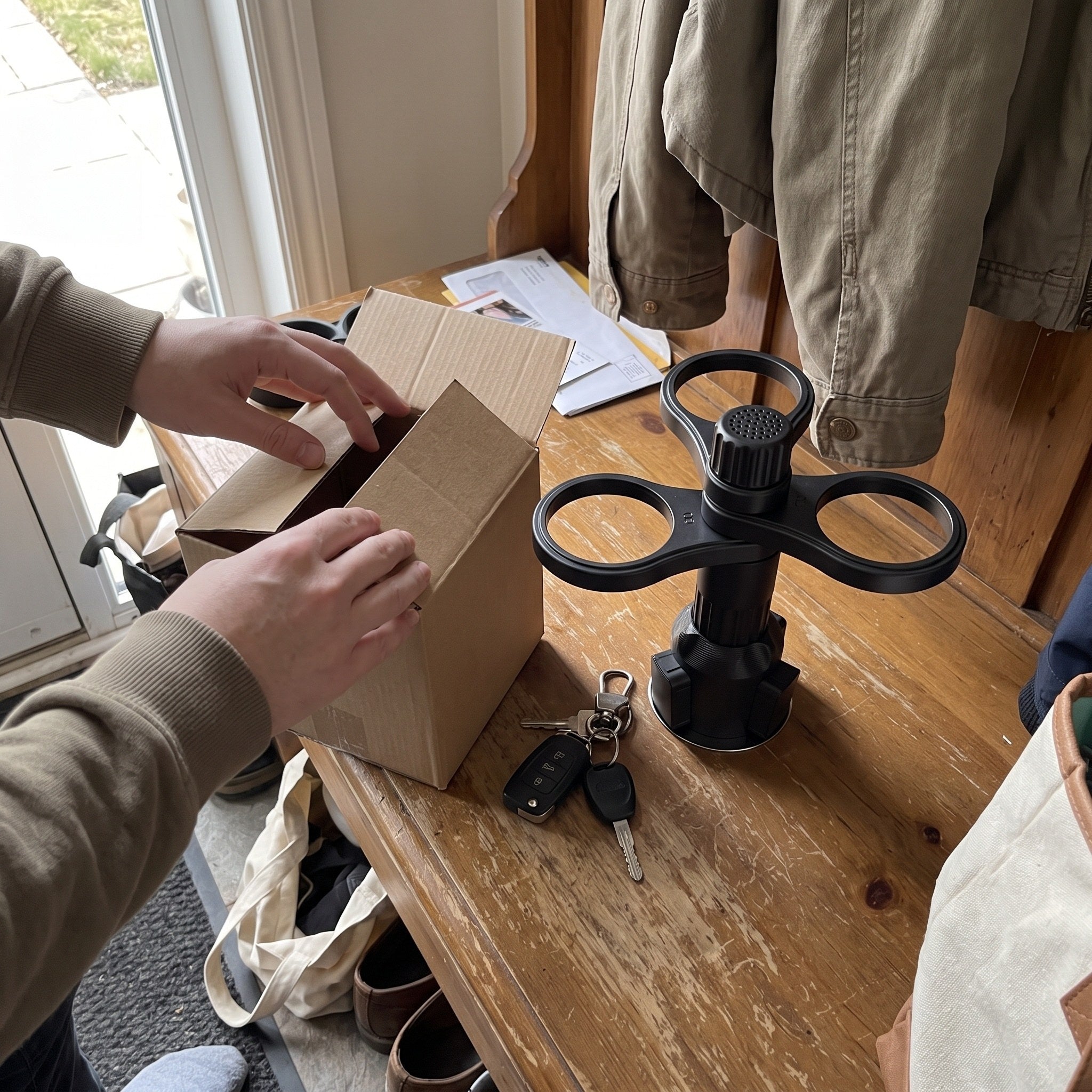 One assembled empty holder beside its plain box and car keys at home