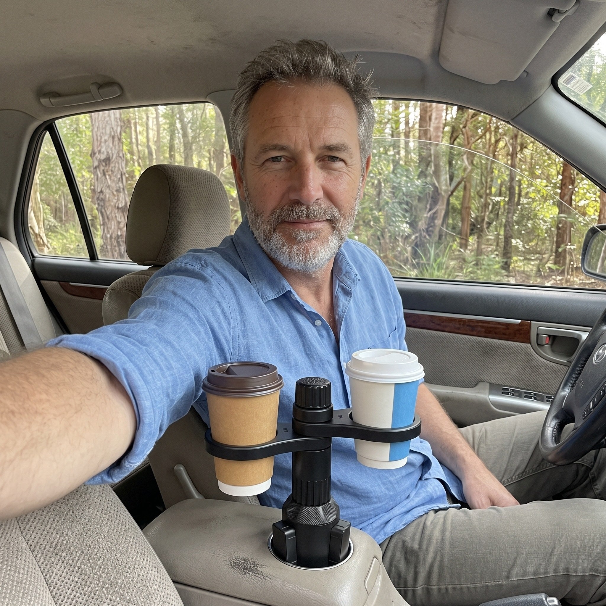 Oliver’s parked-car selfie with two drinks in the console holder