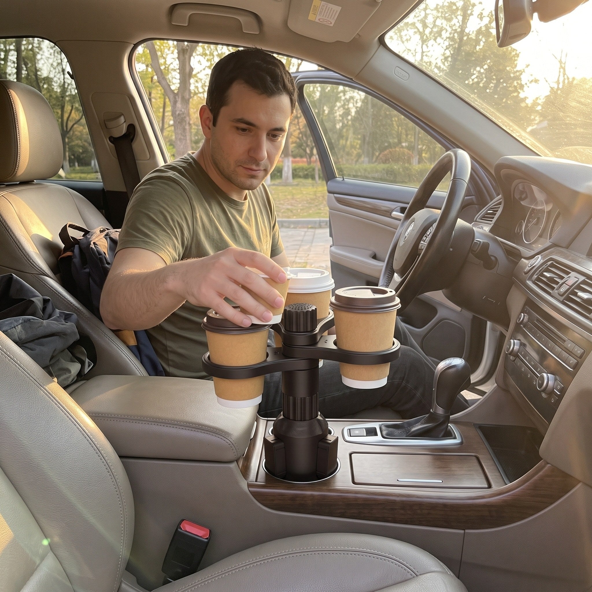 Daniel places coffees in the installed holder with the car parked