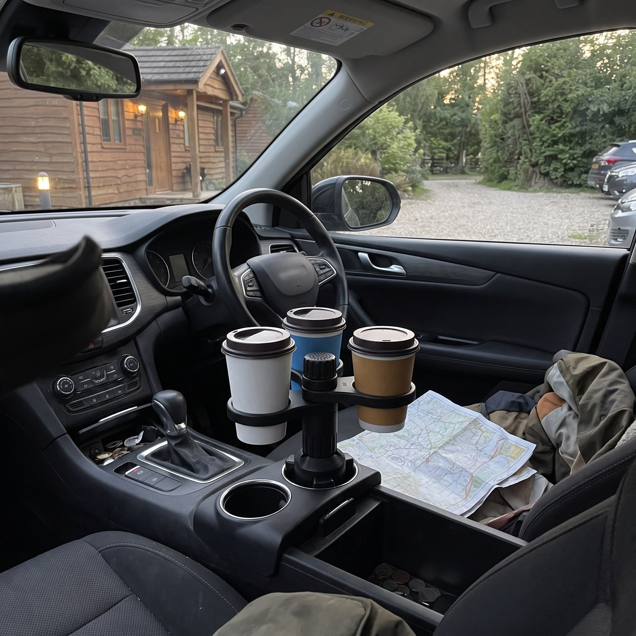 Three takeaway cups and a paper map in a parked car before a holiday