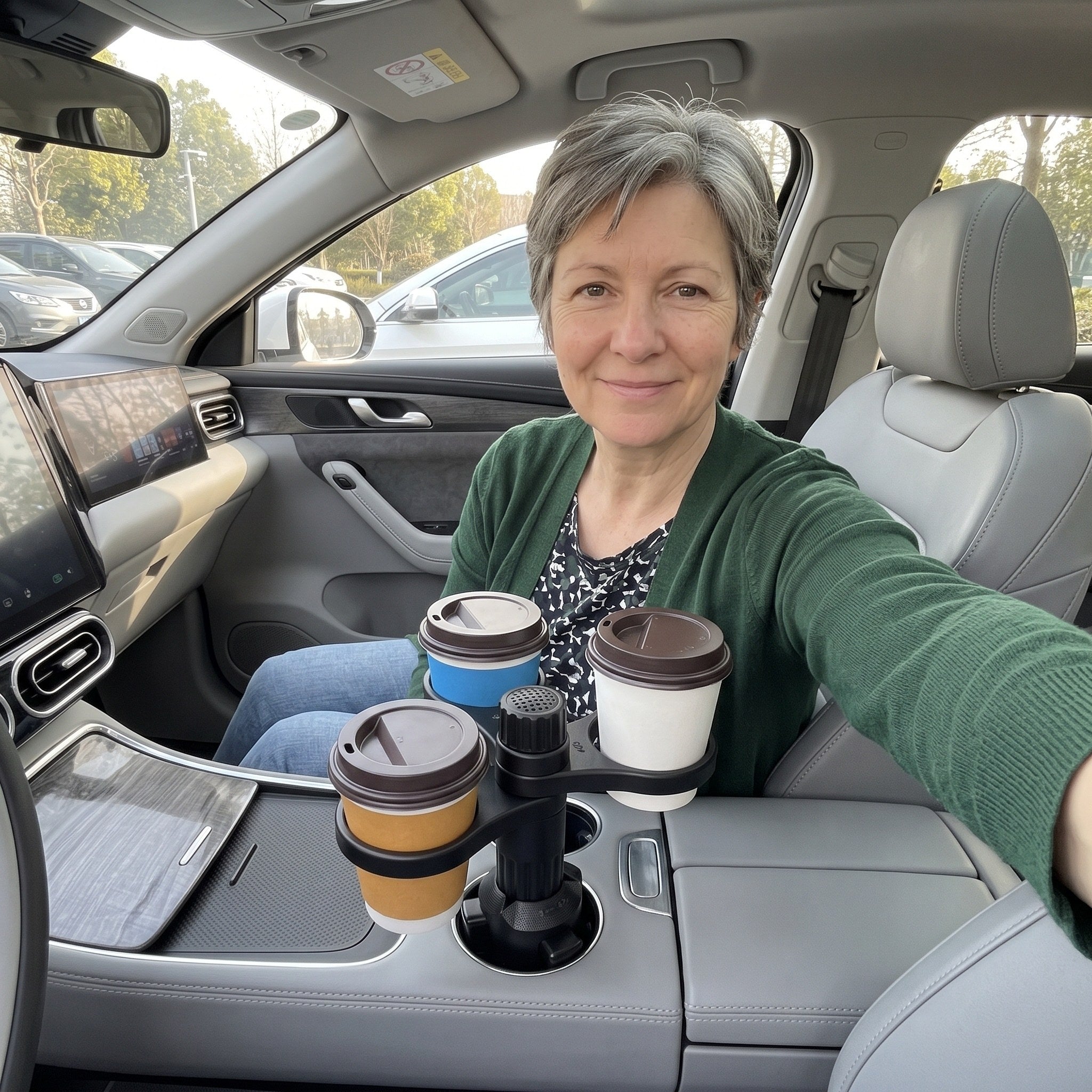 Grace’s parked-passenger selfie with three drinks in the console holder