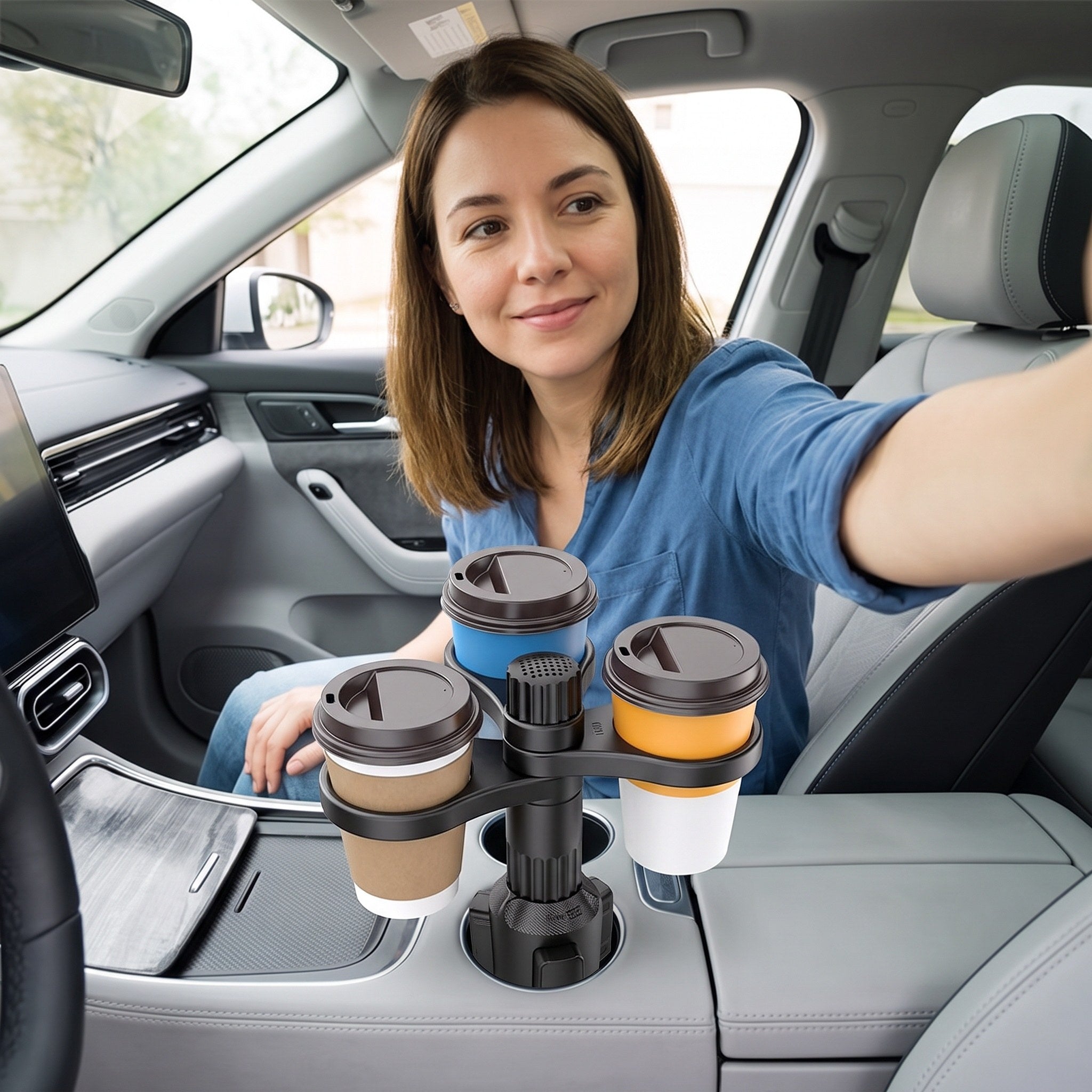 Emma’s parked-passenger selfie with three cups in the console holder