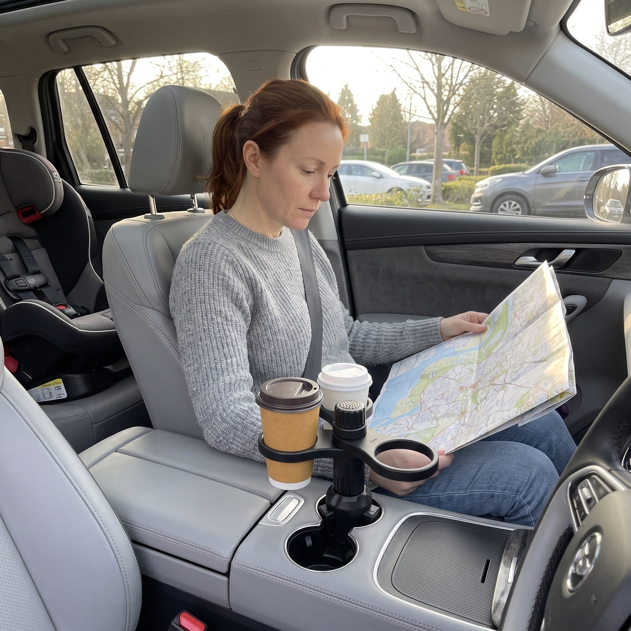 Sophie checks a paper map beside two cups in a parked family SUV