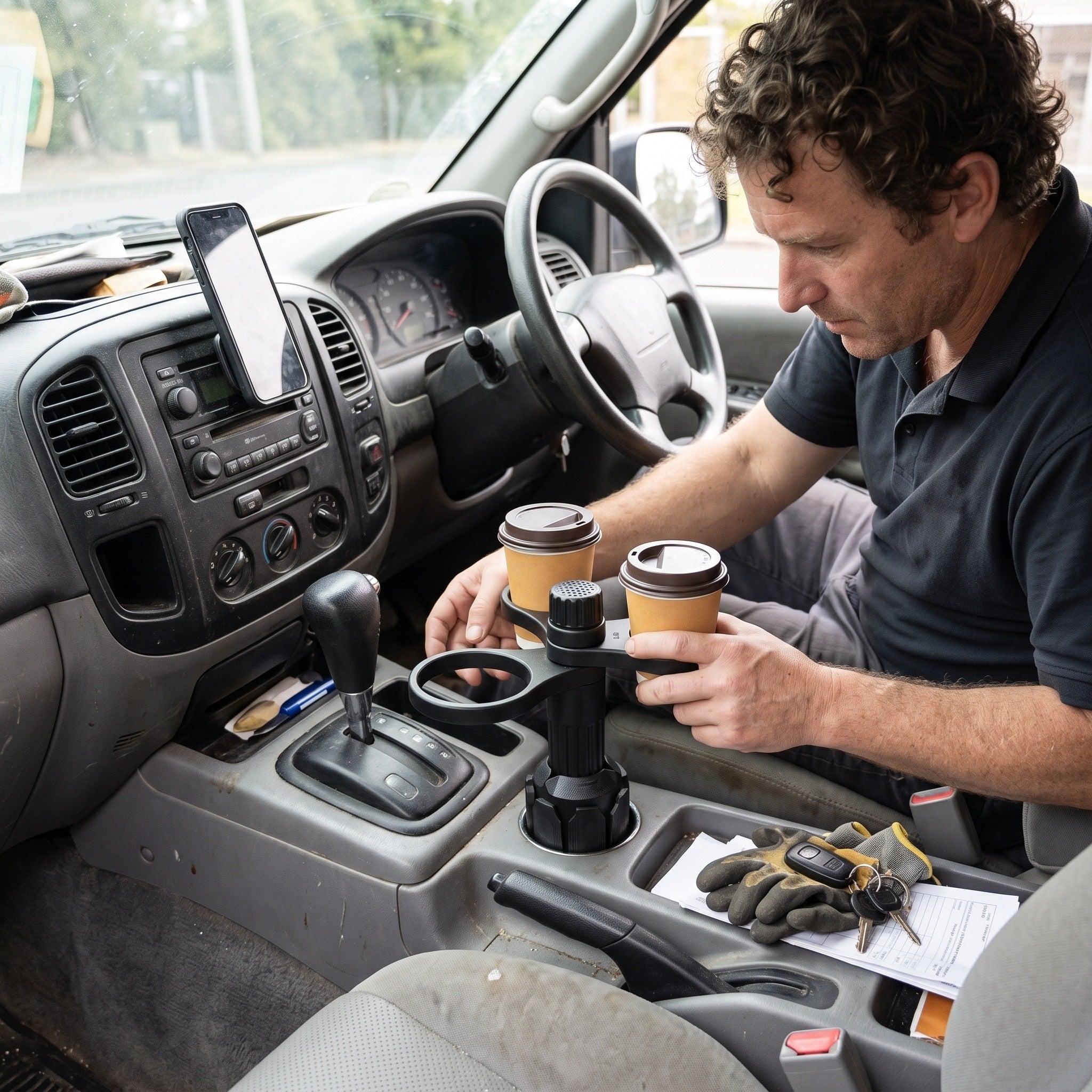 Alex’s hands adjust an empty ring in a parked work van