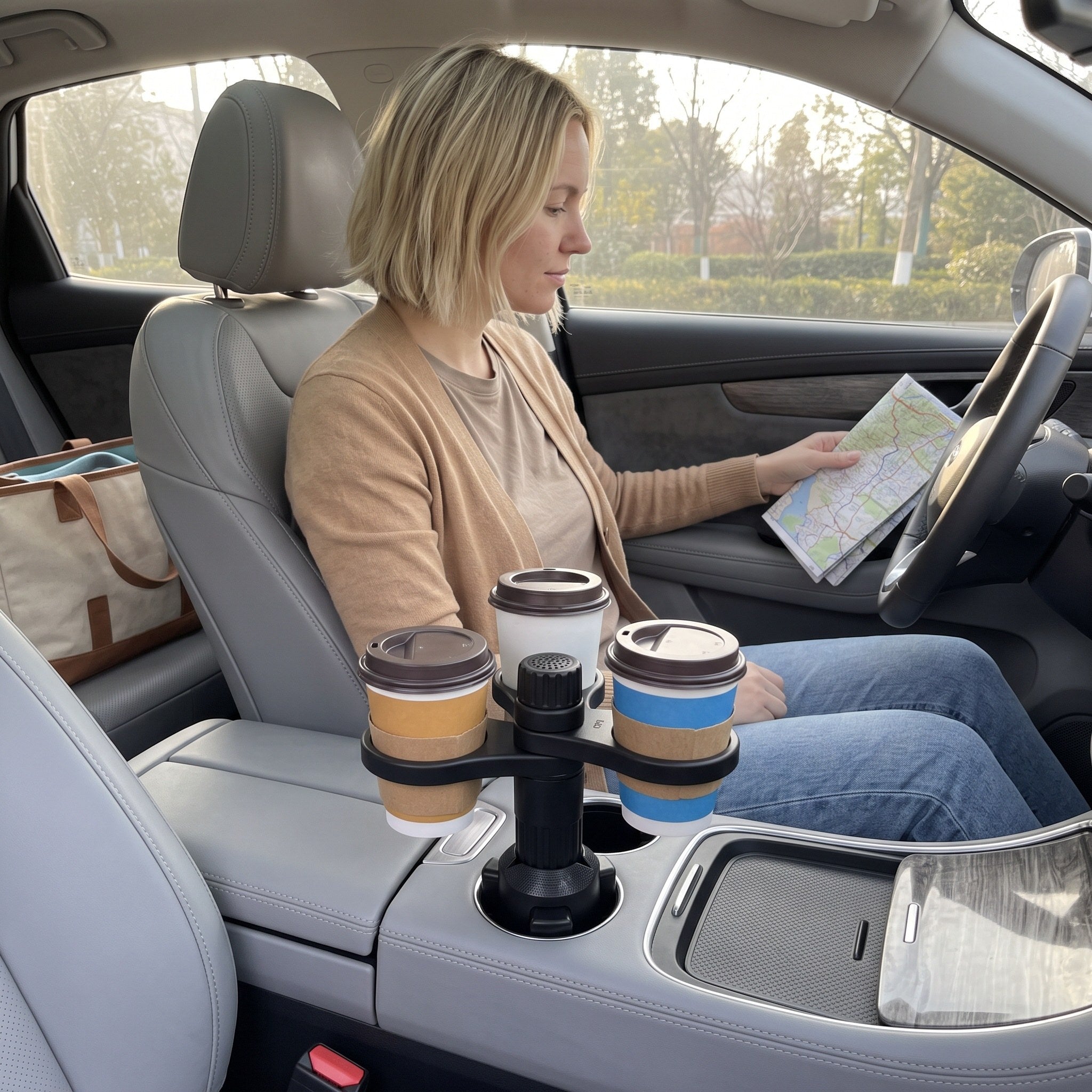 Chloe prepares a road map beside three coffees before a road trip